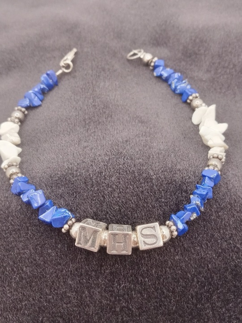 Sterling Silver 925 MHS Initial Bracelet Blue White Stone Beads 7.5”